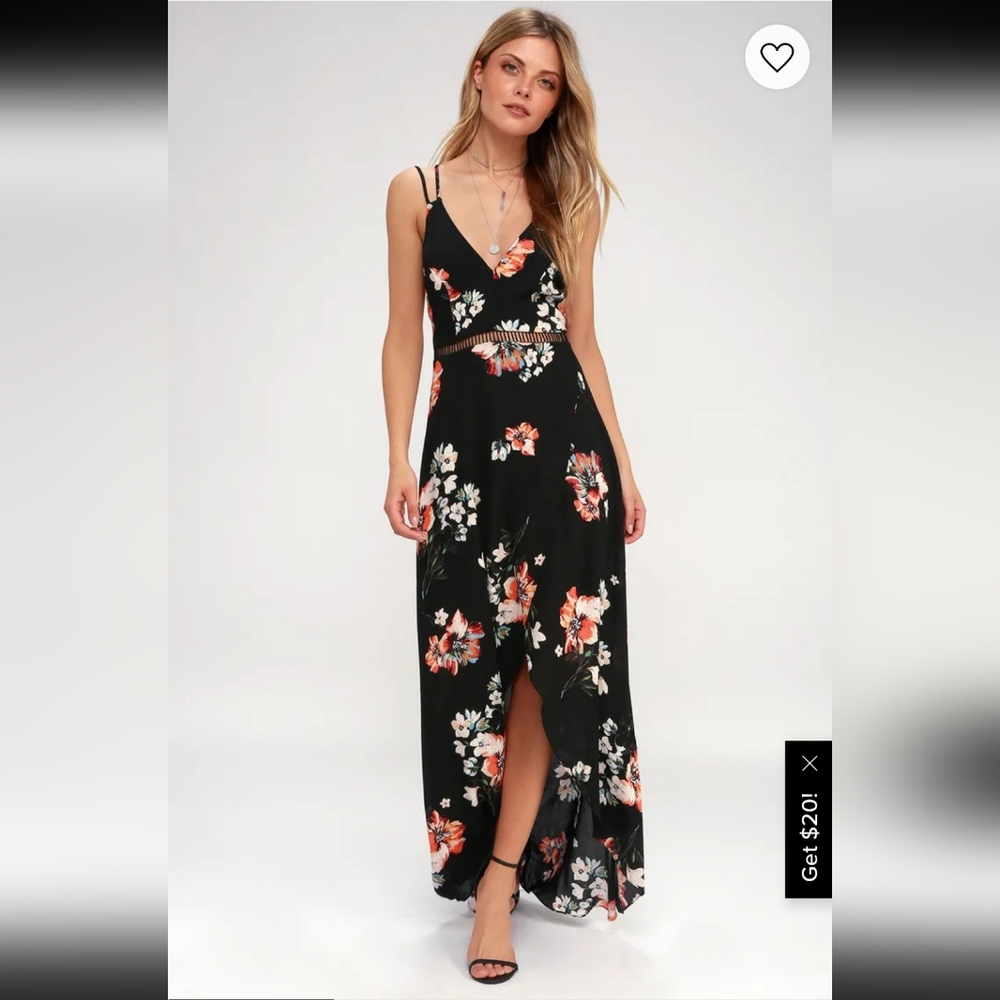 Lulu's Harbour Island Black Floral Print High-Low Maxi Dress, Size S